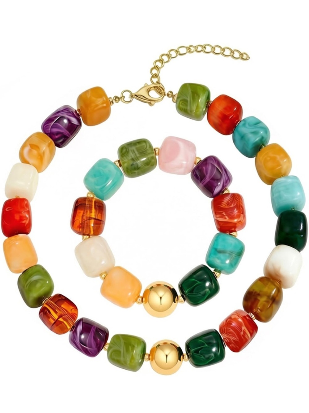 Multicolor Colorful Beaded Marbled Dopamine Statement Necklace And Bracelet Set